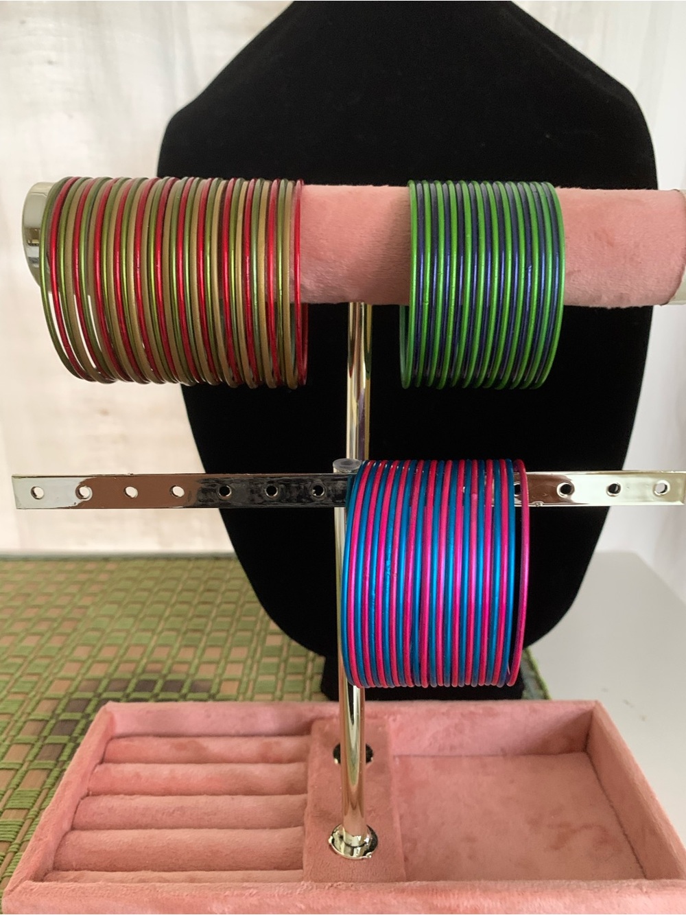 Set of Colorful Metal Indian Bracelets Bangles - Pink, Green, Blue-NEW in pkg